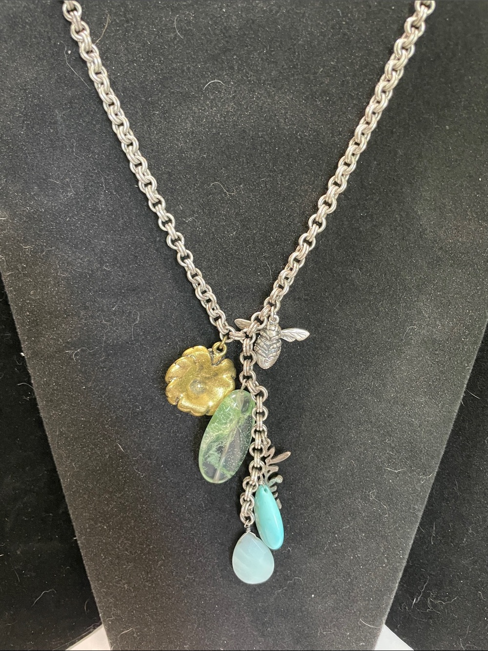 Silver Chain Necklace with Green and Aqua Charms.   M’s
